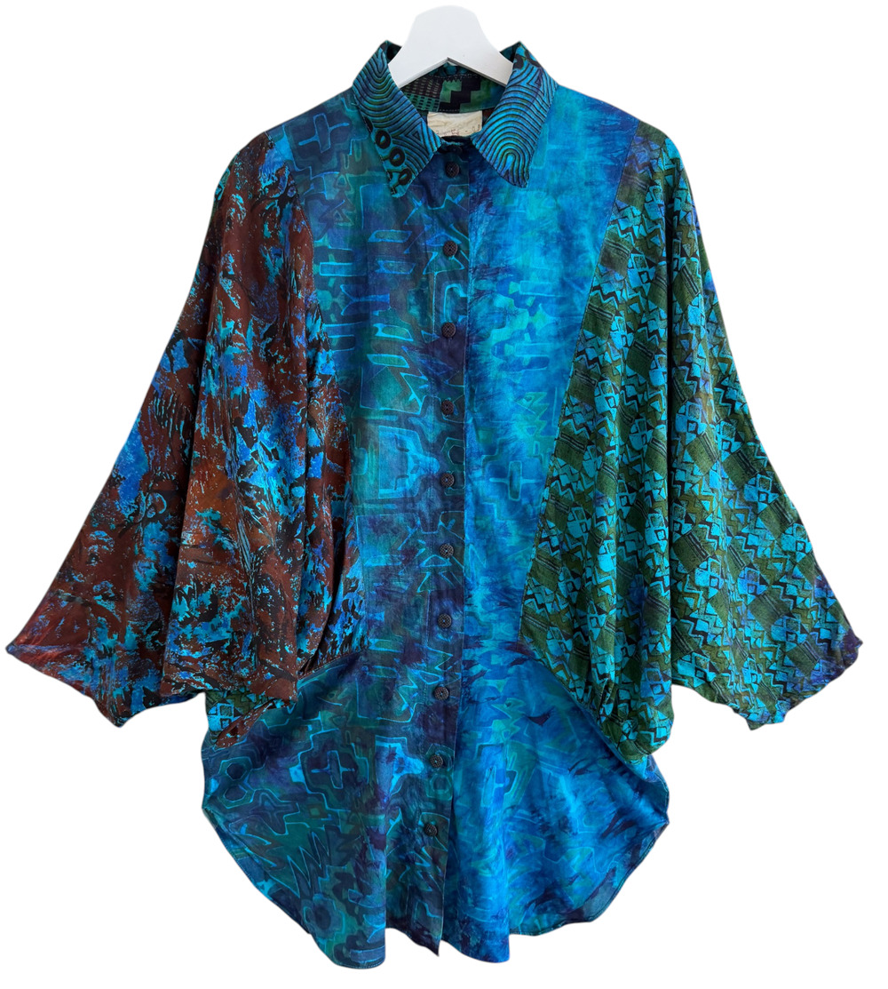 URU Hand Dyed Rayon Button Up Dolman Batwing Shirt Art to Wear Lagenlook OS